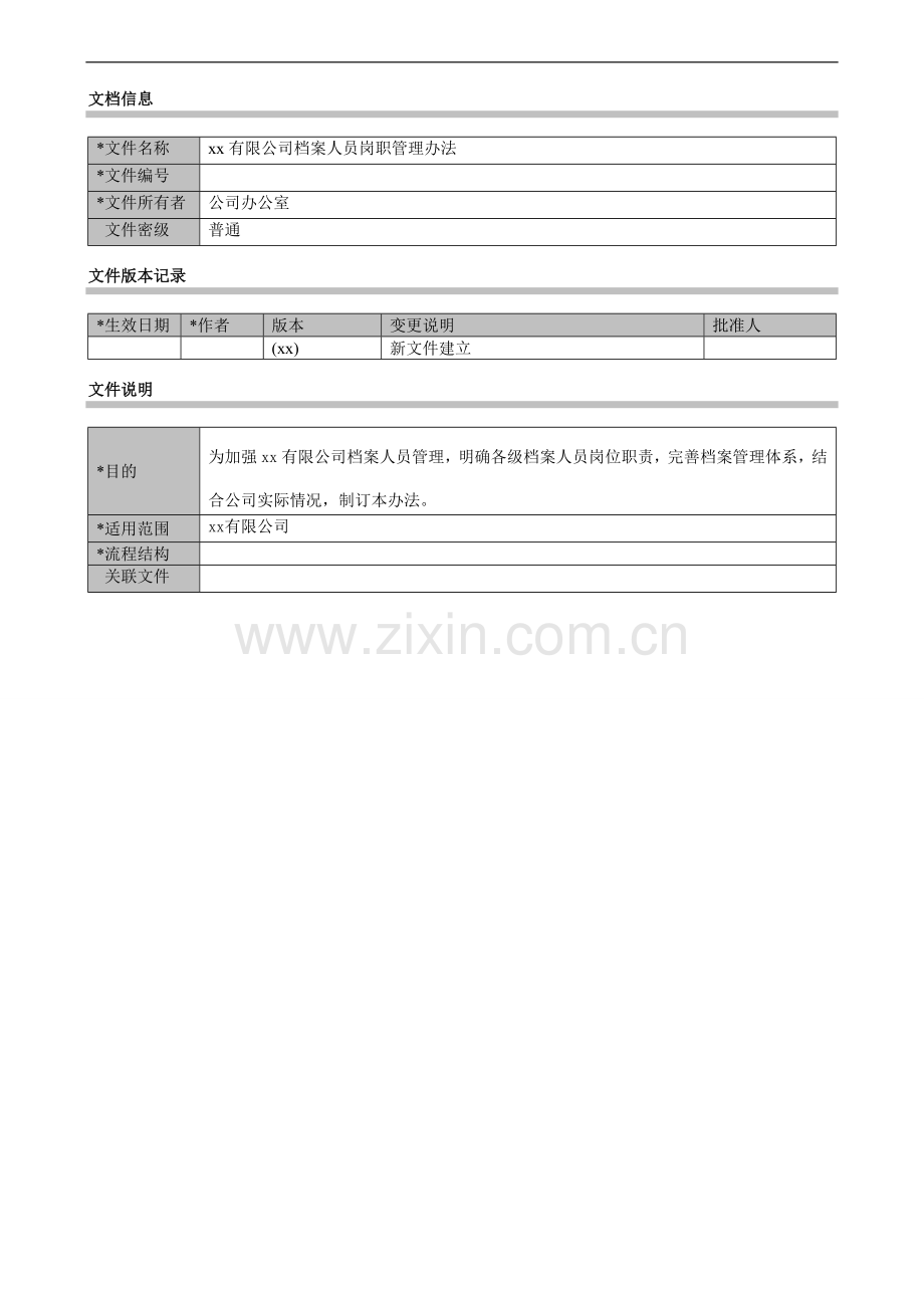 公司档案人员岗职管理办法模版.docx_第1页