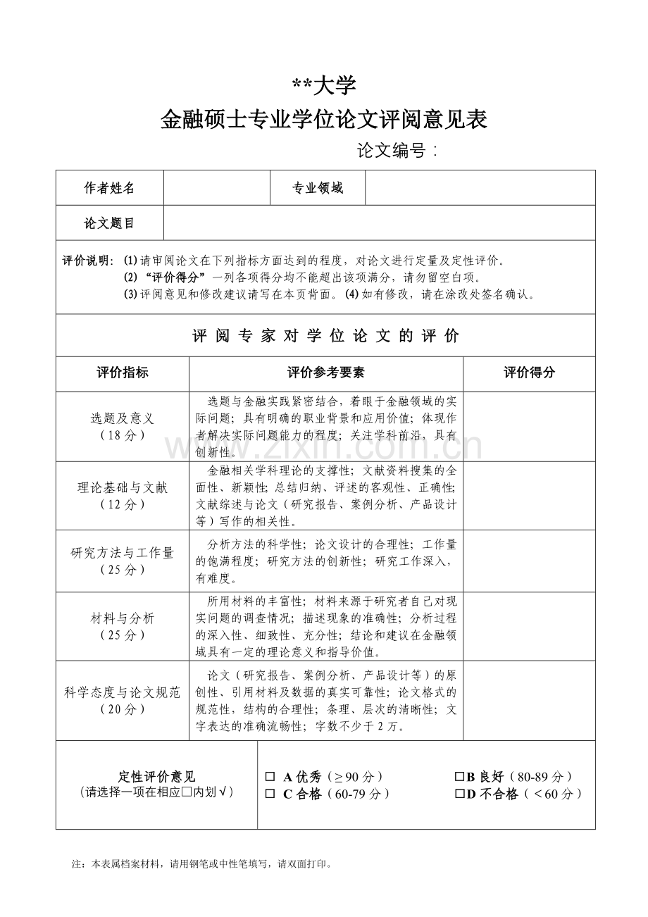 大学金融硕士专业学位论文评阅意见表.doc_第1页