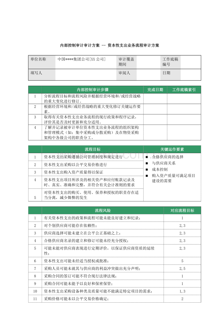 公司资本性支出业务流程审计方案模版(10个子流程).doc_第1页