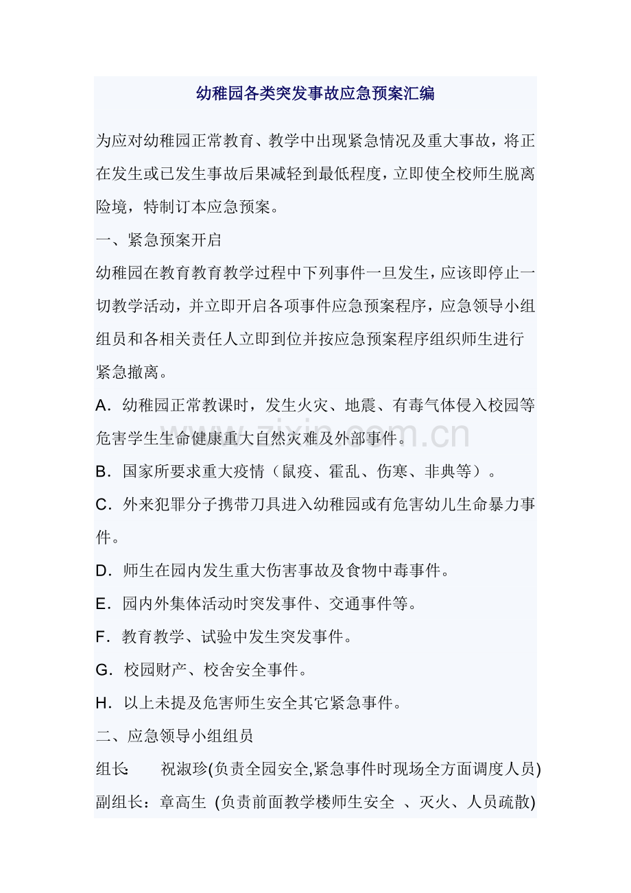 幼儿园各类突发事故应急专题预案汇编.doc_第1页