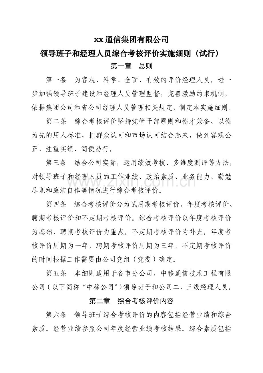通信集团有限公司领导班子和经理人员综合考核评价实施细则模版.doc_第1页