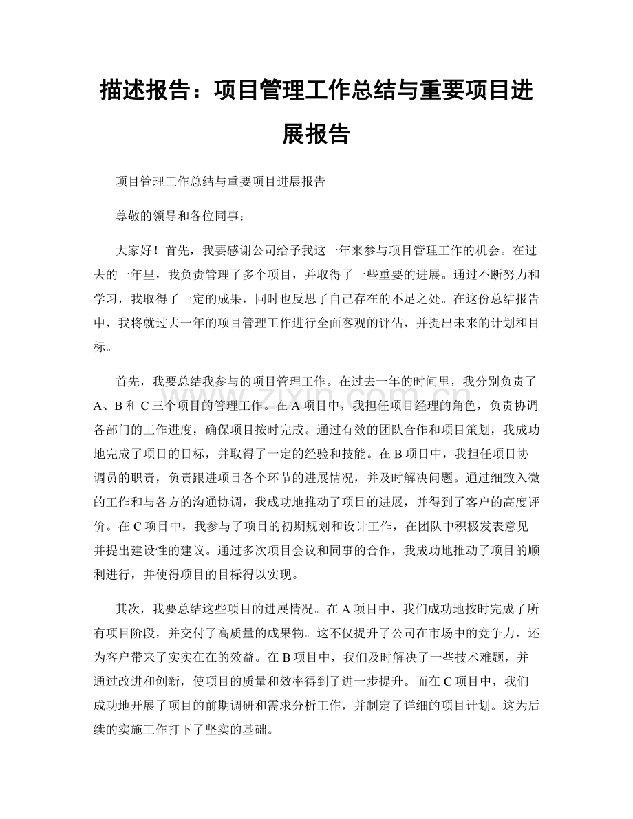 描述报告：项目管理工作总结与重要项目进展报告.docx_第1页