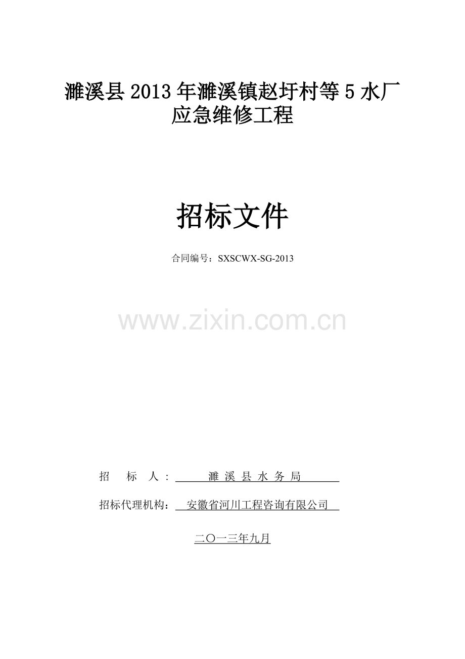 濉溪县2013年濉溪镇赵圩村等5水厂应急维修工程招标文件.doc_第1页