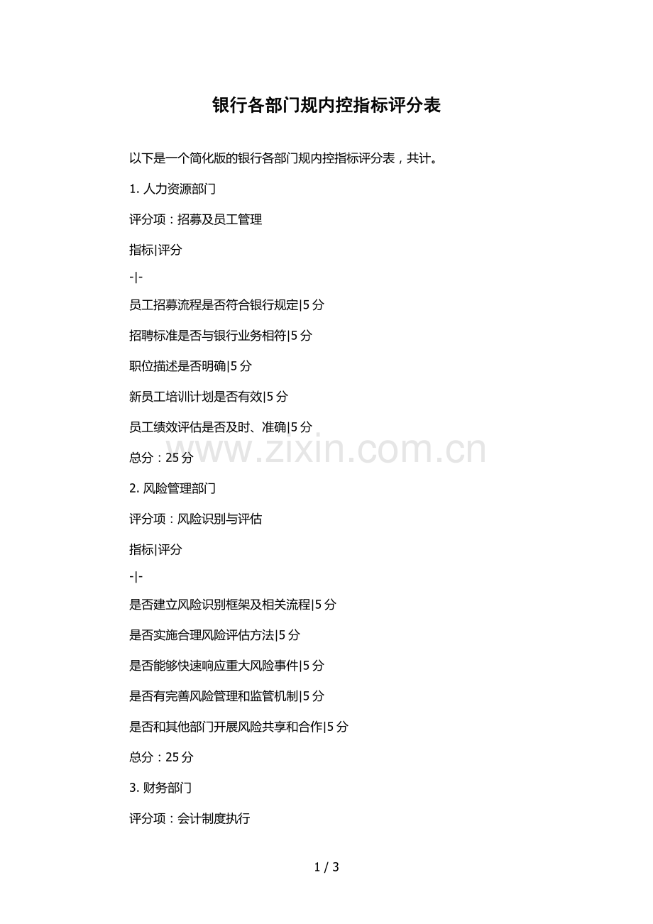 银行各部门规内控指标评分表.docx_第1页