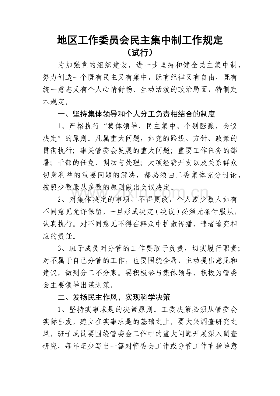 地区工作委员会民主集中制工作规定模版.docx_第1页