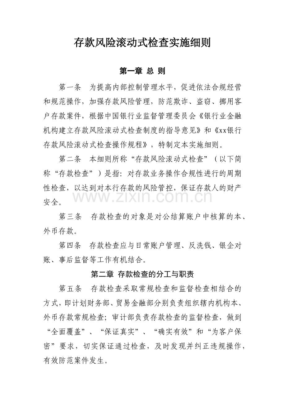 银行存款风险滚动式检查实施细则模版.docx_第1页