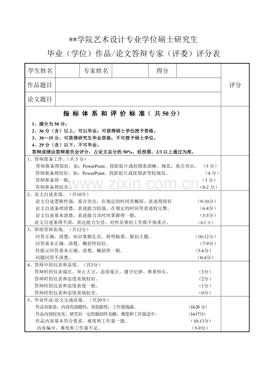 毕业(学位)作品论文答辩专家(评委)评分表.doc_第1页