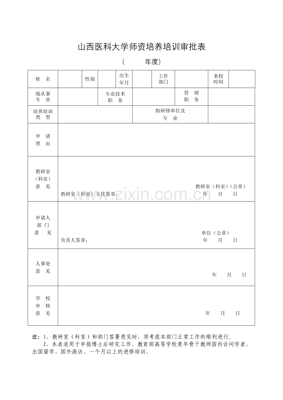 山西医科大学师资培养培训审批表.doc_第1页
