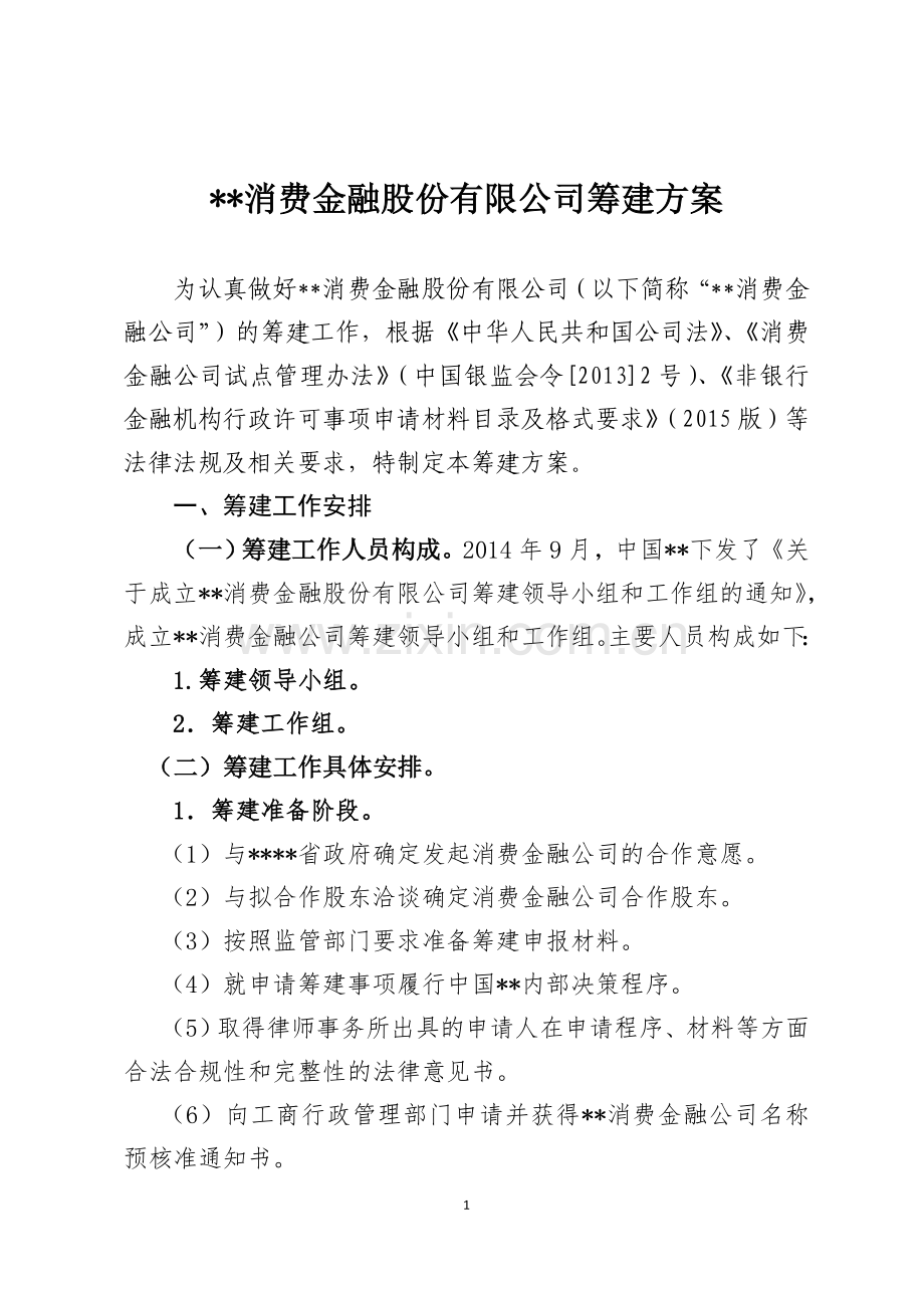 消费金融股份有限公司筹建方案模版.doc_第1页