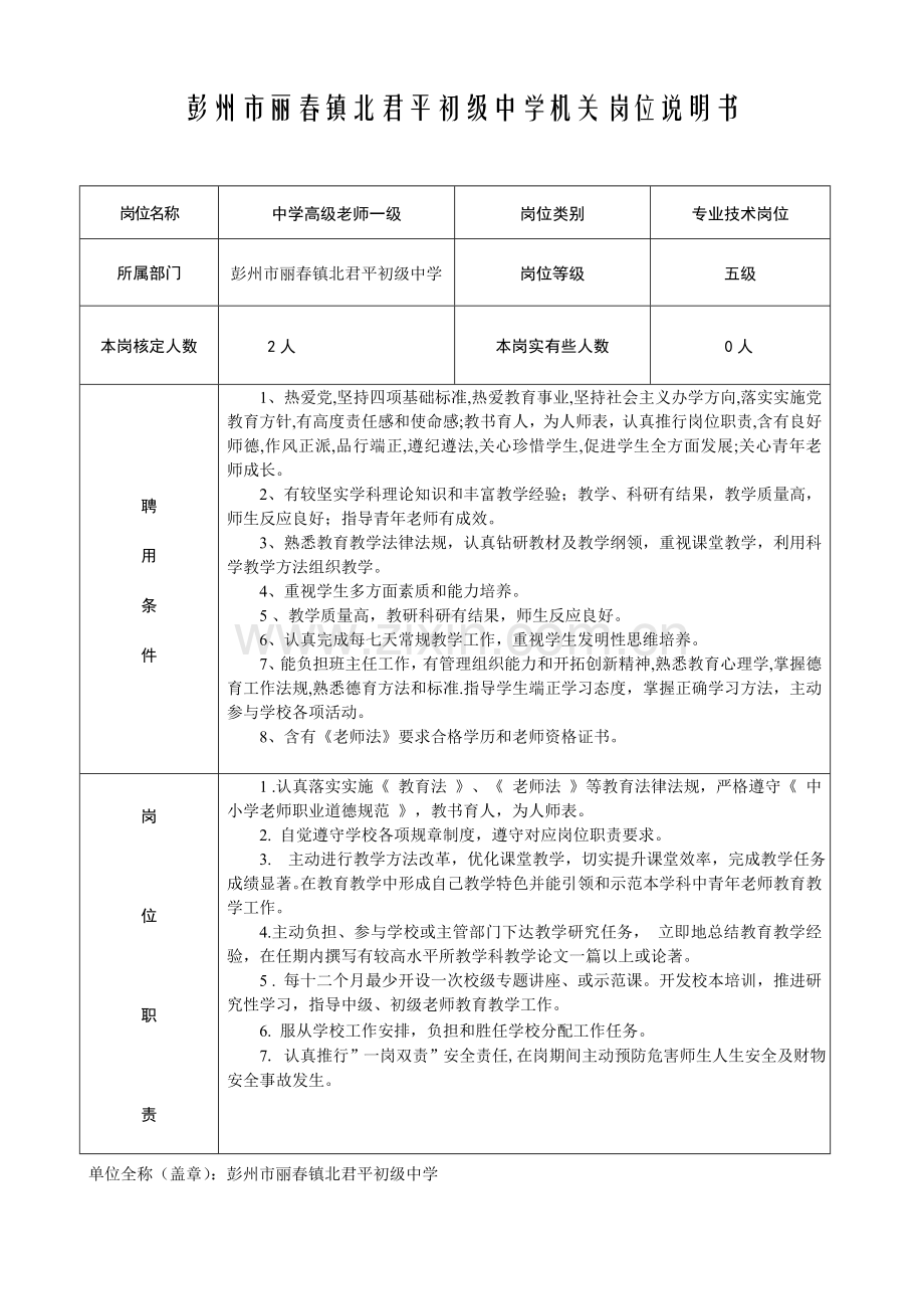 彭州市丽春镇北君平初级中学事业单位岗位说明指导书仅供参考.doc_第1页