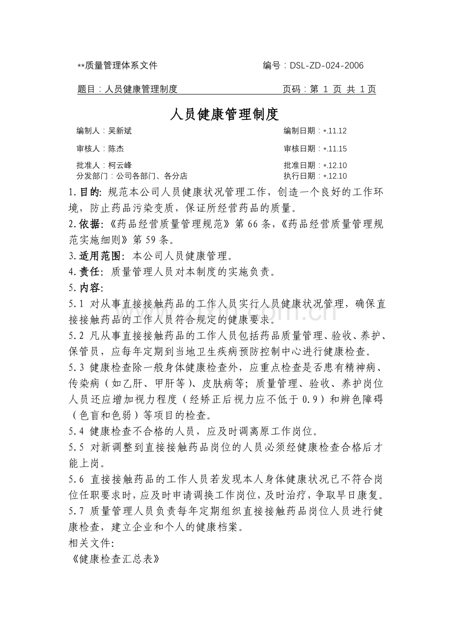 医药公司(连锁店)人员健康管理制模版.doc_第1页