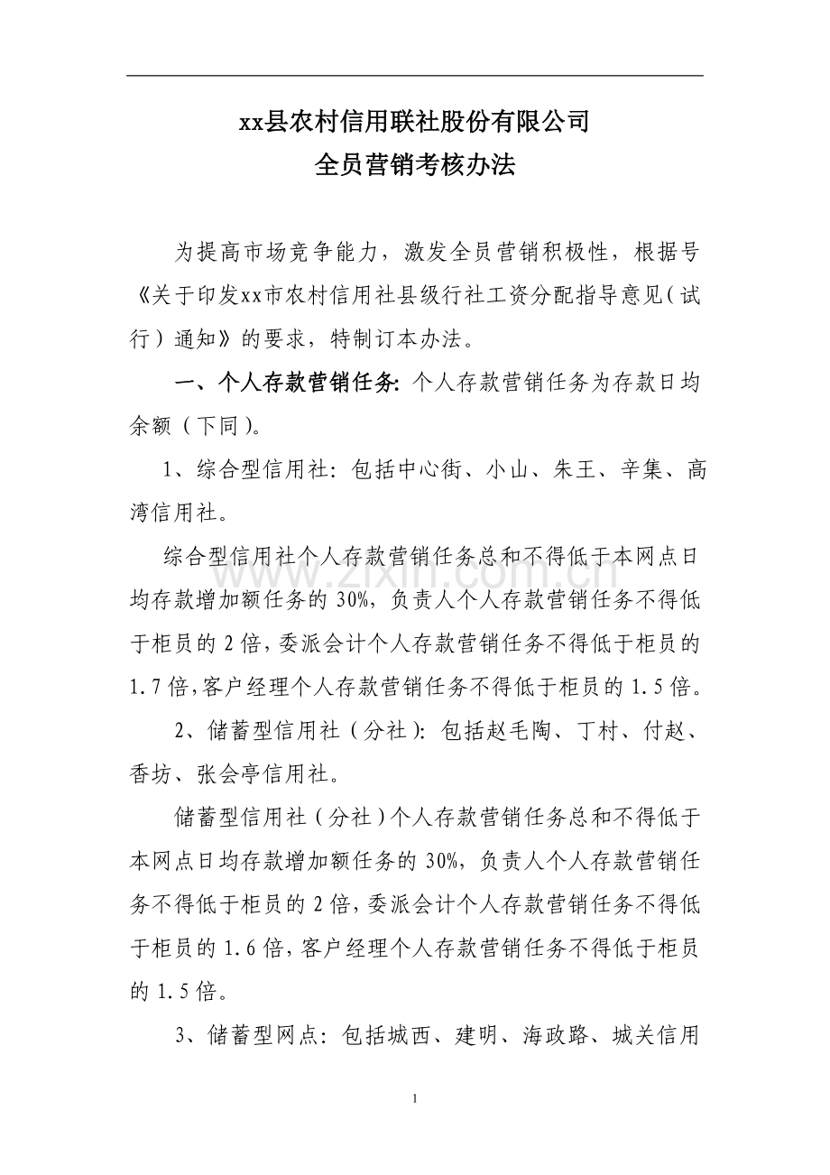 银行农村信用联社股份有限公司全员营销考核办法.doc_第1页