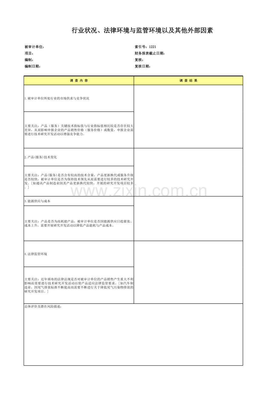 高新技术企业认定专项审计工作底稿及专项审计行业状况、法律环境与监管环境以及其他外部因素.xls_第1页