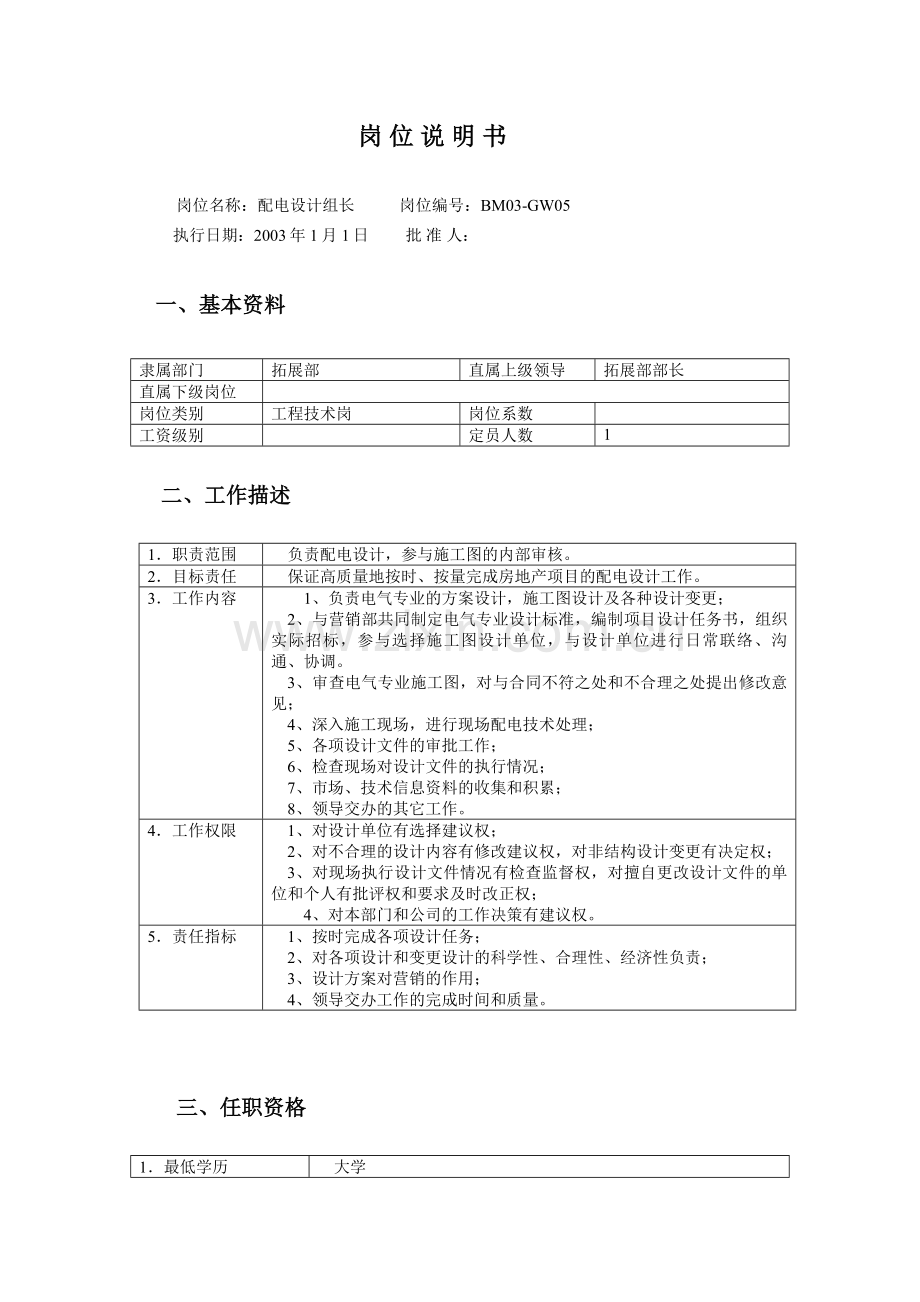 房地产公司电气设计科长岗位说明书模版.doc_第1页