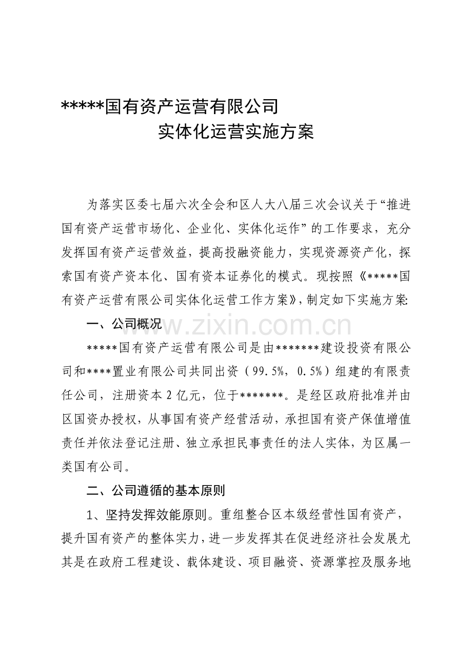国有资产运营有限公司实体化运营实施方案.doc_第1页