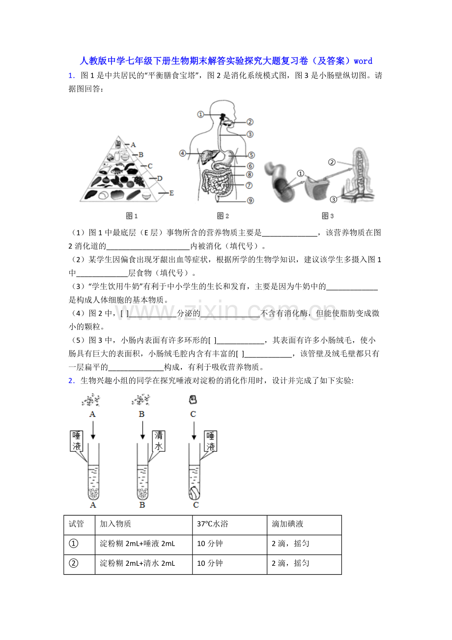 人教版中学七年级下册生物期末解答实验探究大题复习卷(及答案)word.doc_第1页