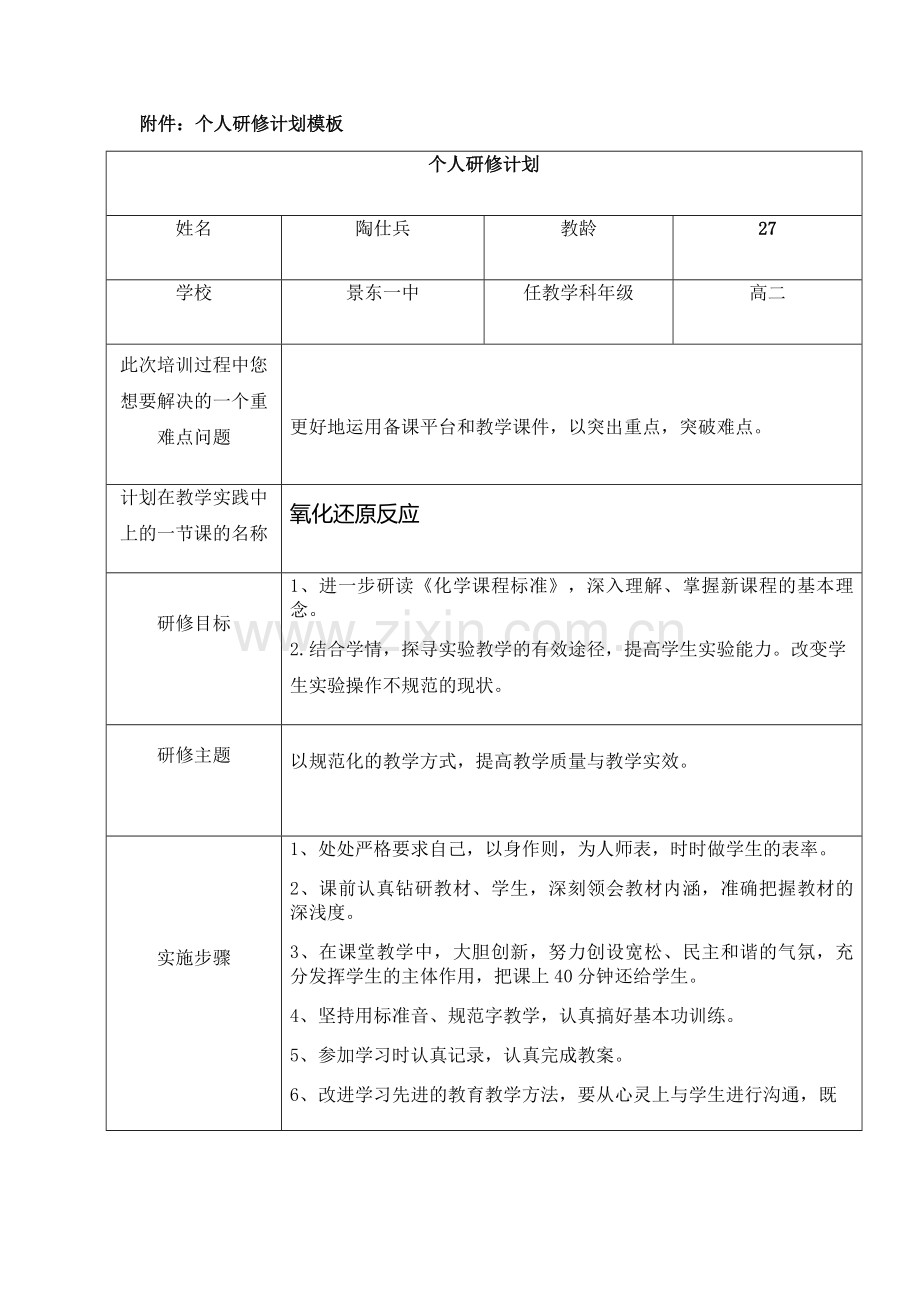 化学个人研修计划.doc_第1页