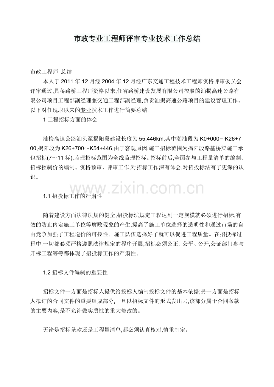 市政专业工程师评审专业技术工作总结.doc_第1页