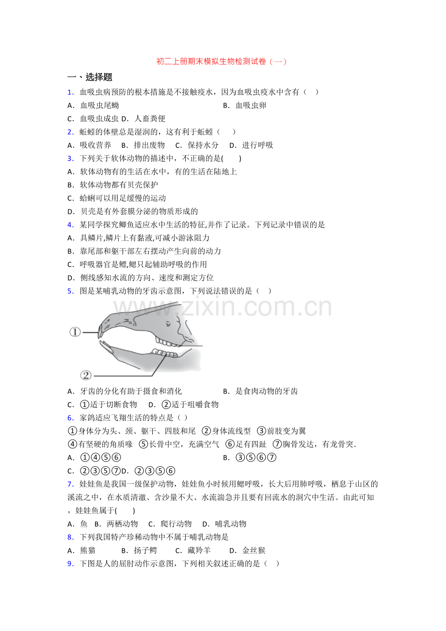 初二上册期末模拟生物检测试卷(一).doc_第1页