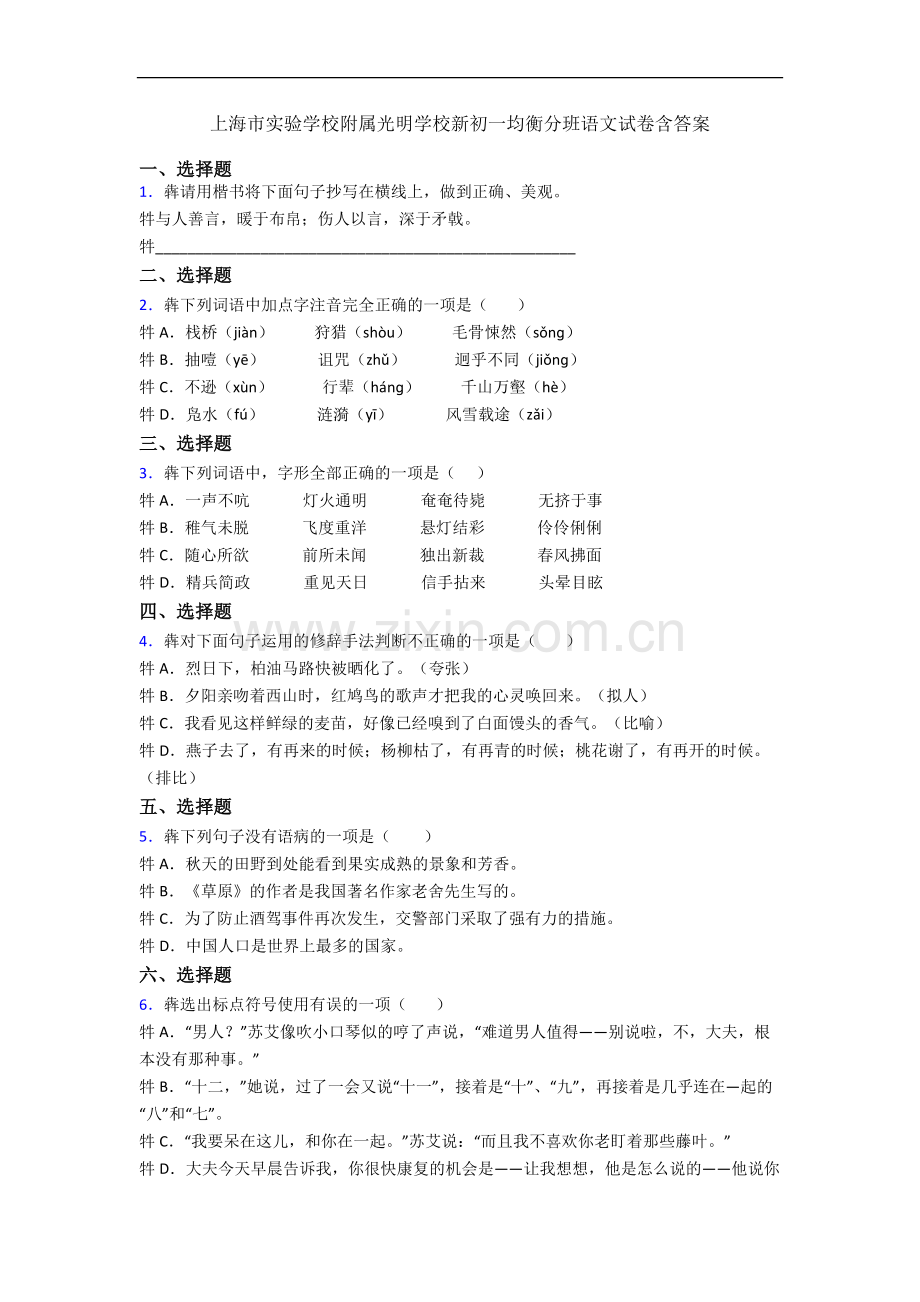上海市实验学校附属光明学校新初一均衡分班语文试卷含答案.docx_第1页