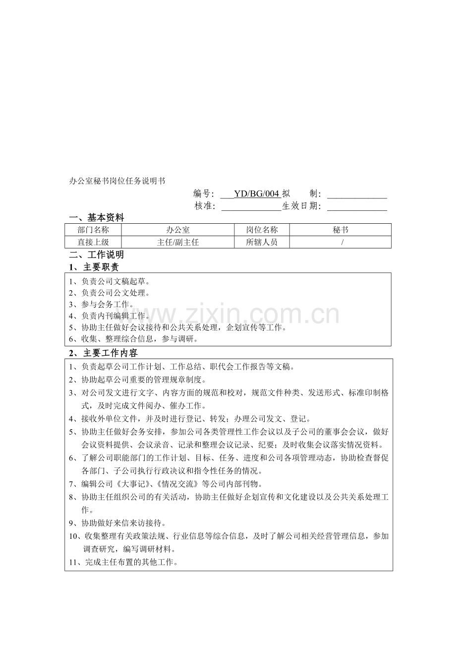 办公室秘书岗位任职说明书.doc_第1页
