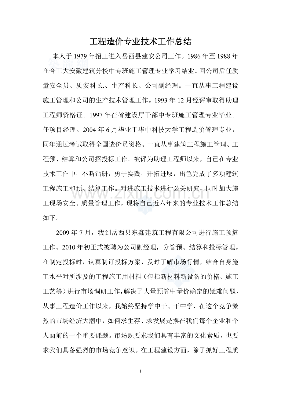 工程造价专业技术工作总结20148.27审.doc_第1页