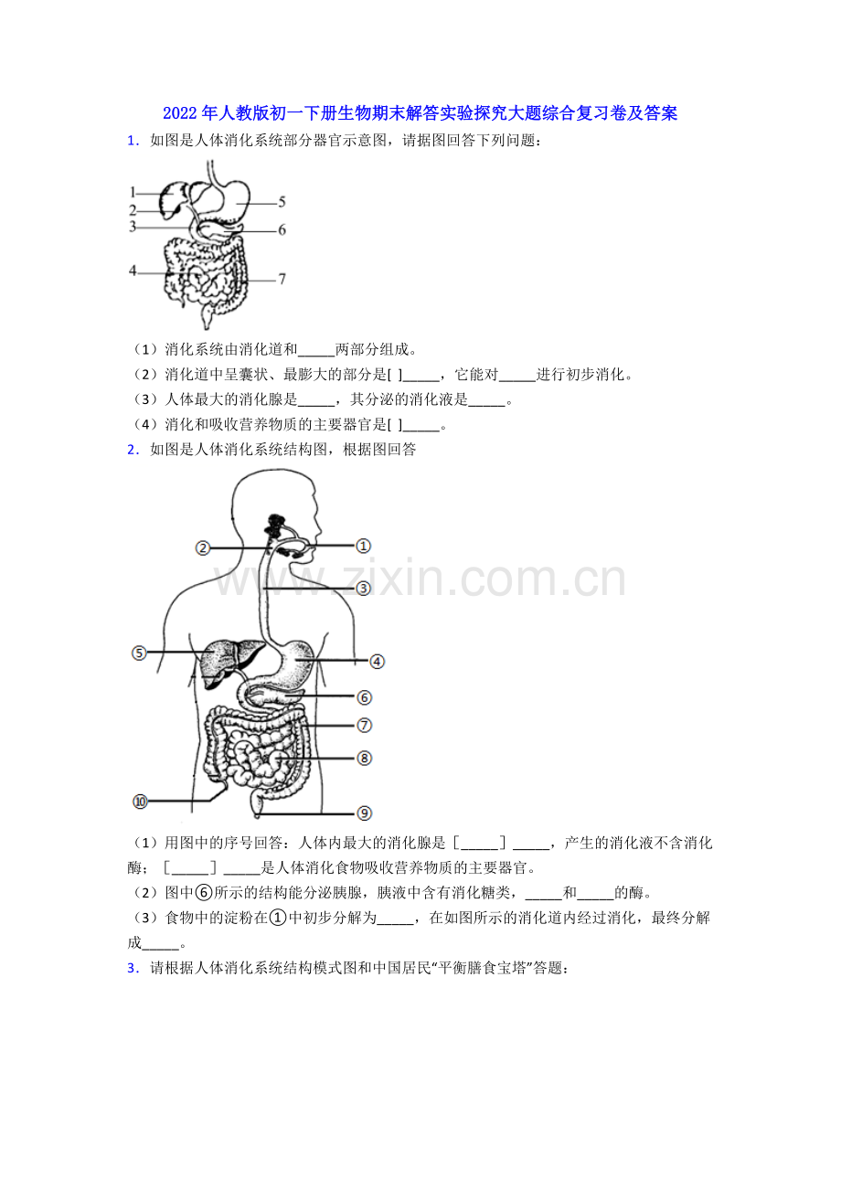 2022年人教版初一下册生物期末解答实验探究大题综合复习卷及答案.doc_第1页