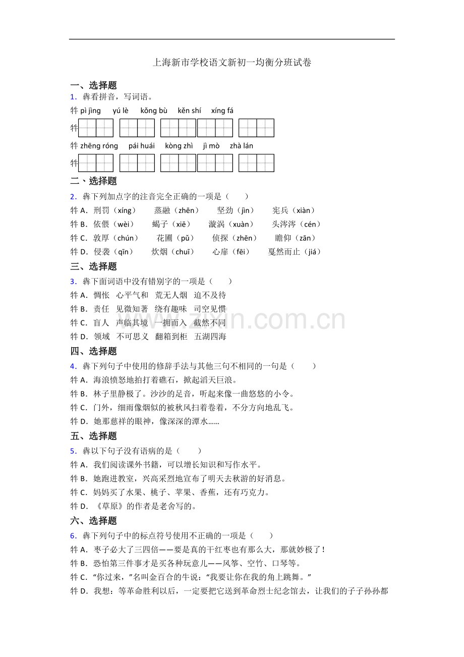 上海新市学校语文新初一均衡分班试卷.docx_第1页
