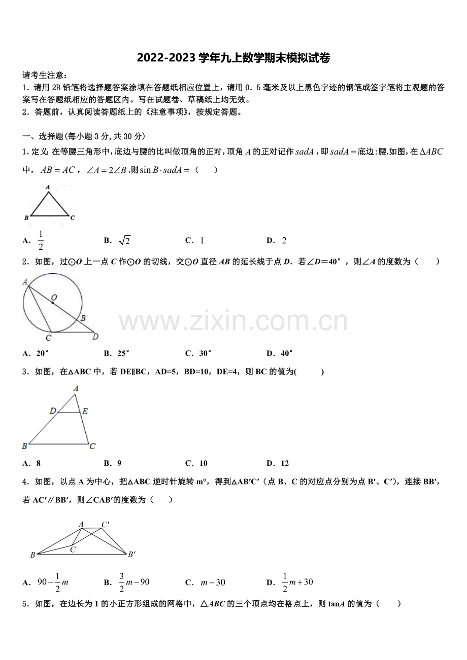 杠杆专题-新疆哈密市第四中学2022-2023学年数学九上期末复习检测试题含解析.doc_第1页