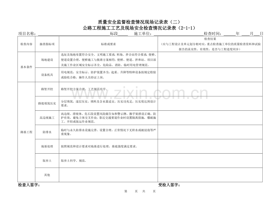 公路工程项目施工工艺及现场安全检查记录表.doc_第1页