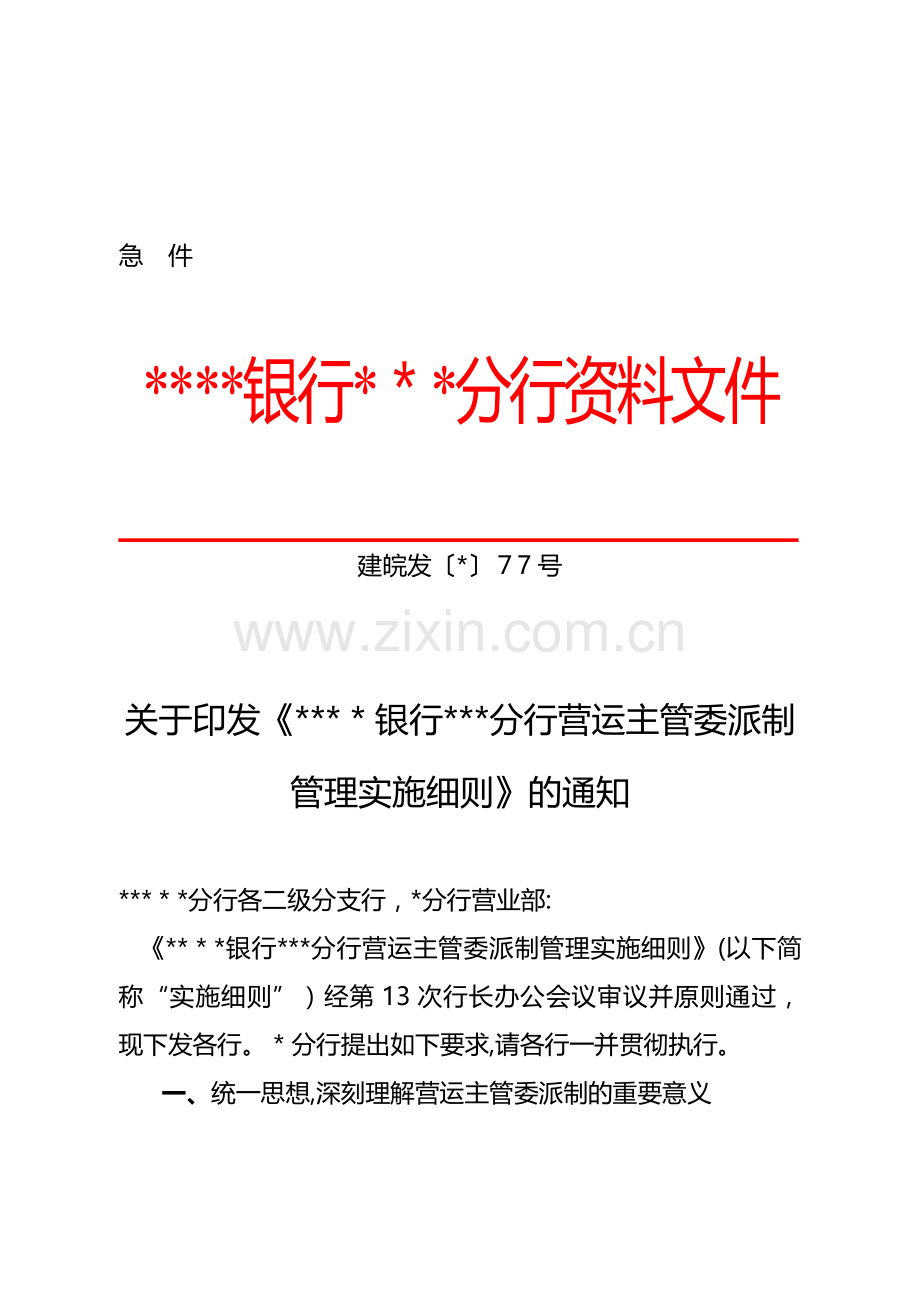 银行营运主管委派制管理实施细则模版.doc_第1页
