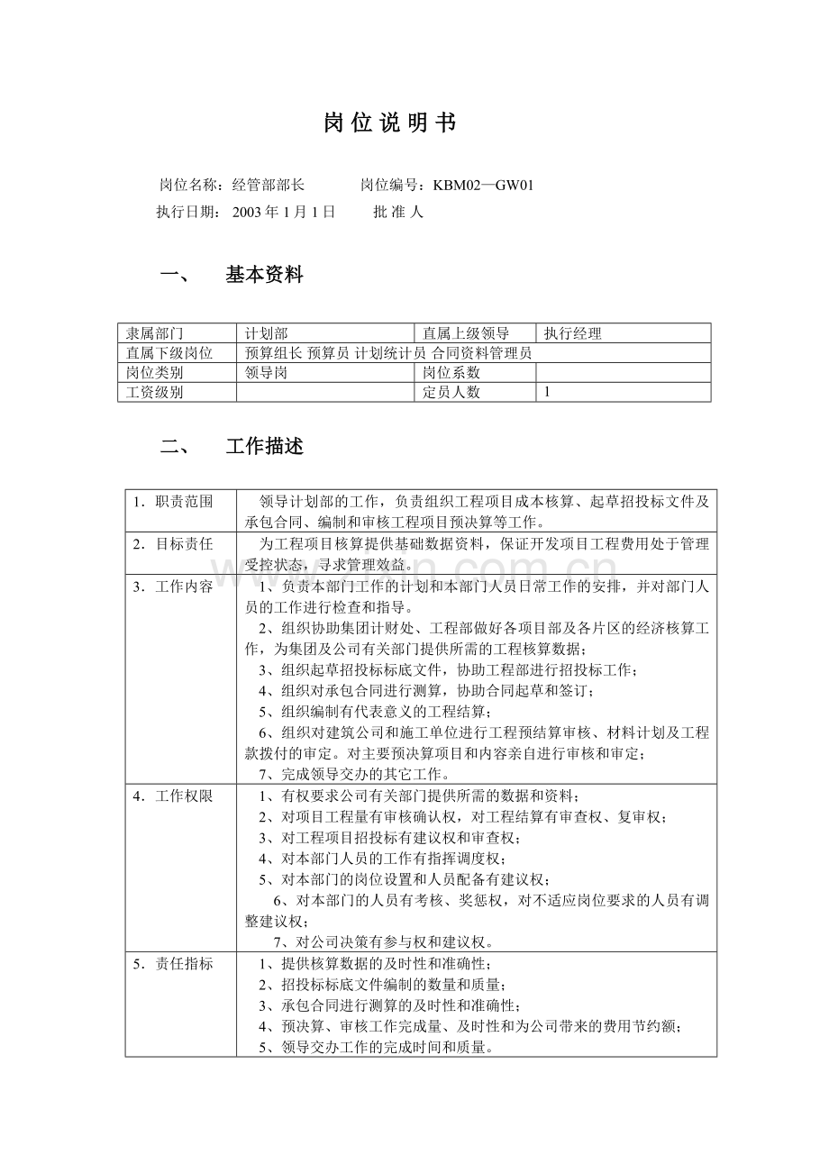 房地产公司经管部部长岗位说明书模版.doc_第1页