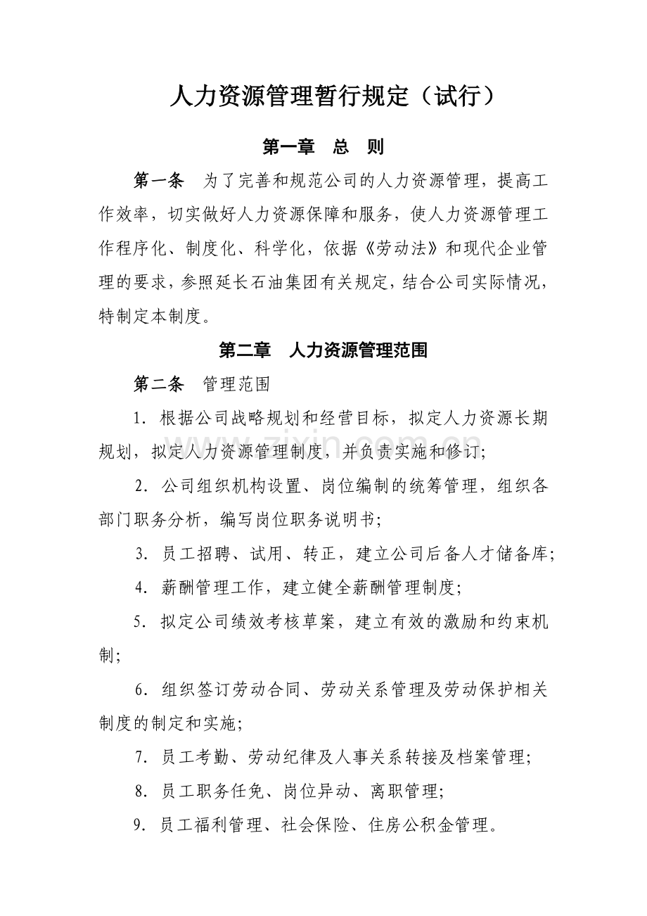 公司人力资源管理暂行规定(试行)模版.docx_第1页