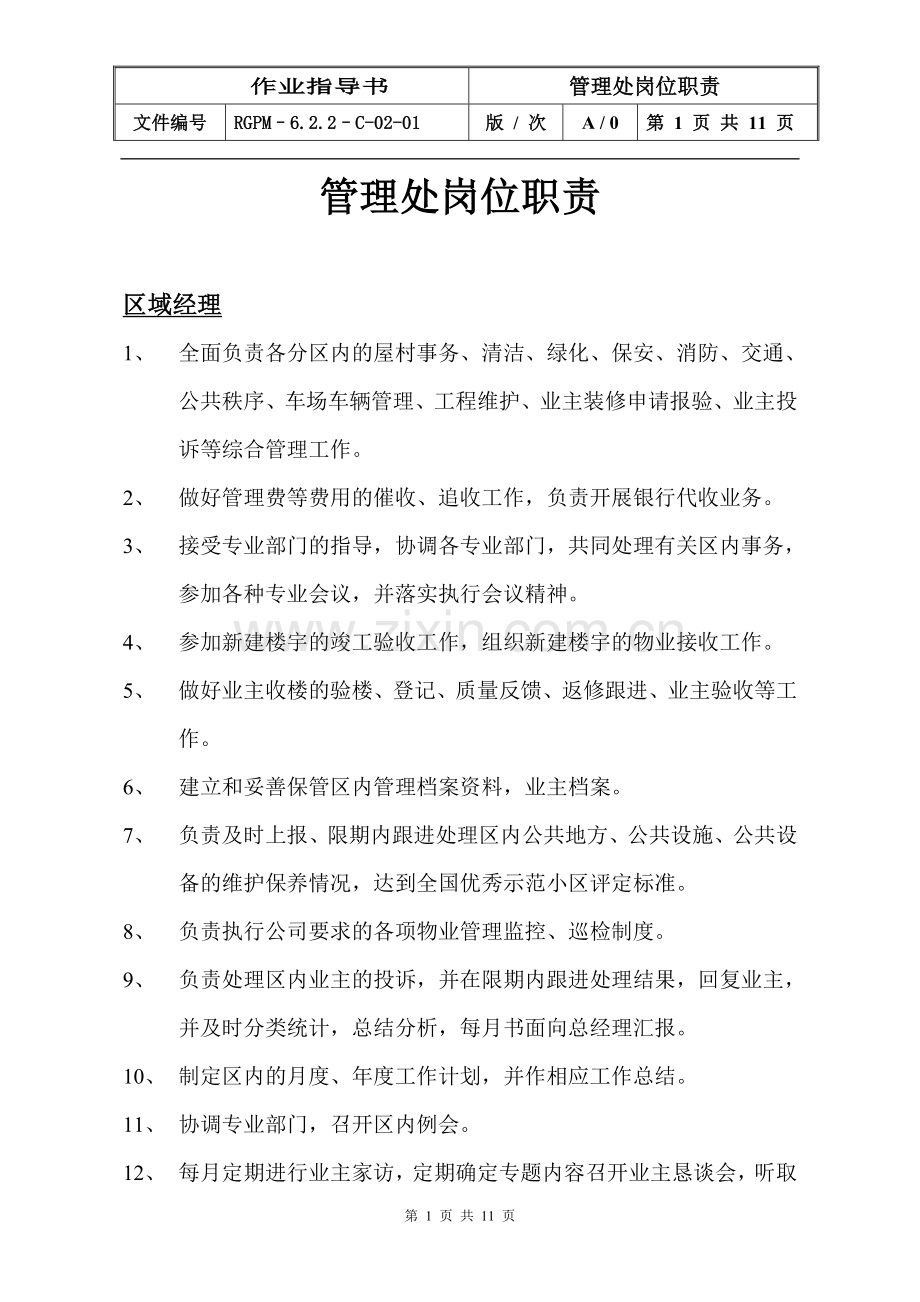 物业管理公司管理处岗位职责模版.doc_第1页