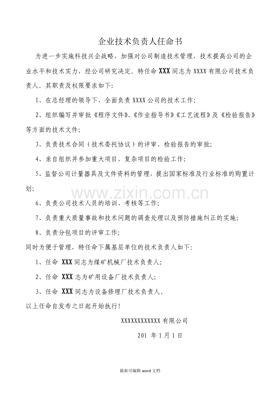 公司企业技术负责人任命书.doc_第1页