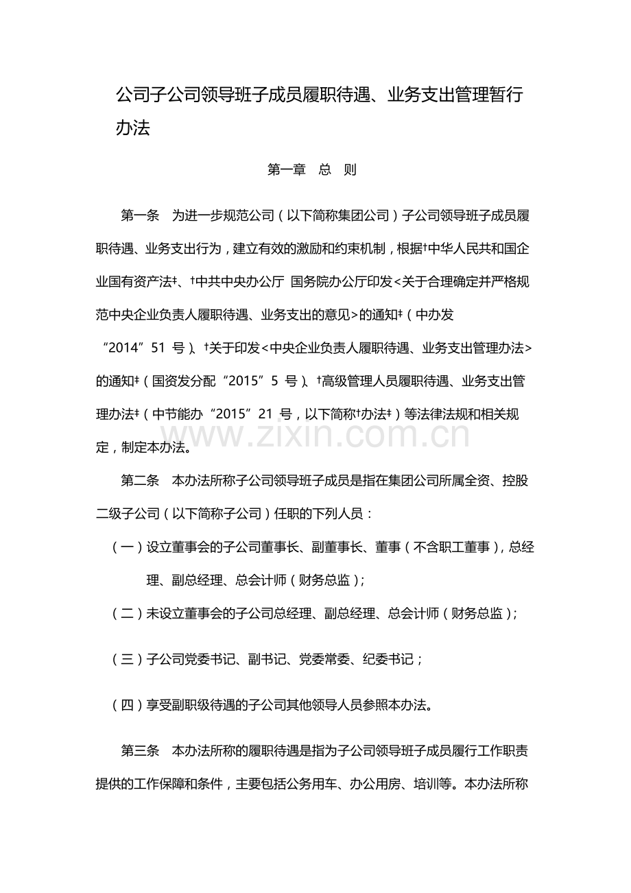 国有公司子公司领导班子成员履职待遇、业务支出管理暂行模版.docx_第1页