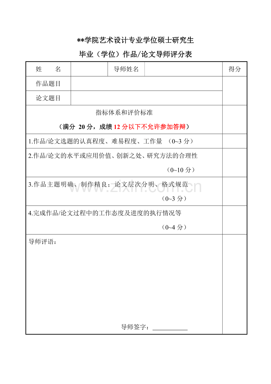学院艺术设计专业学位硕士研究生毕业(学位)作品论文导师评分表.doc_第1页