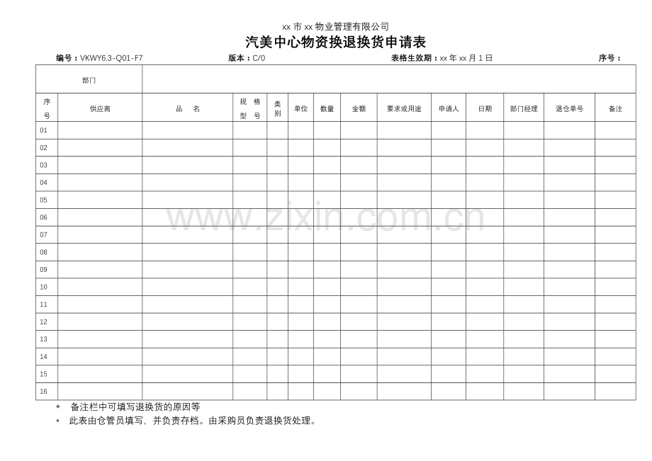 物业公司汽美中心换退货申请表.doc_第1页