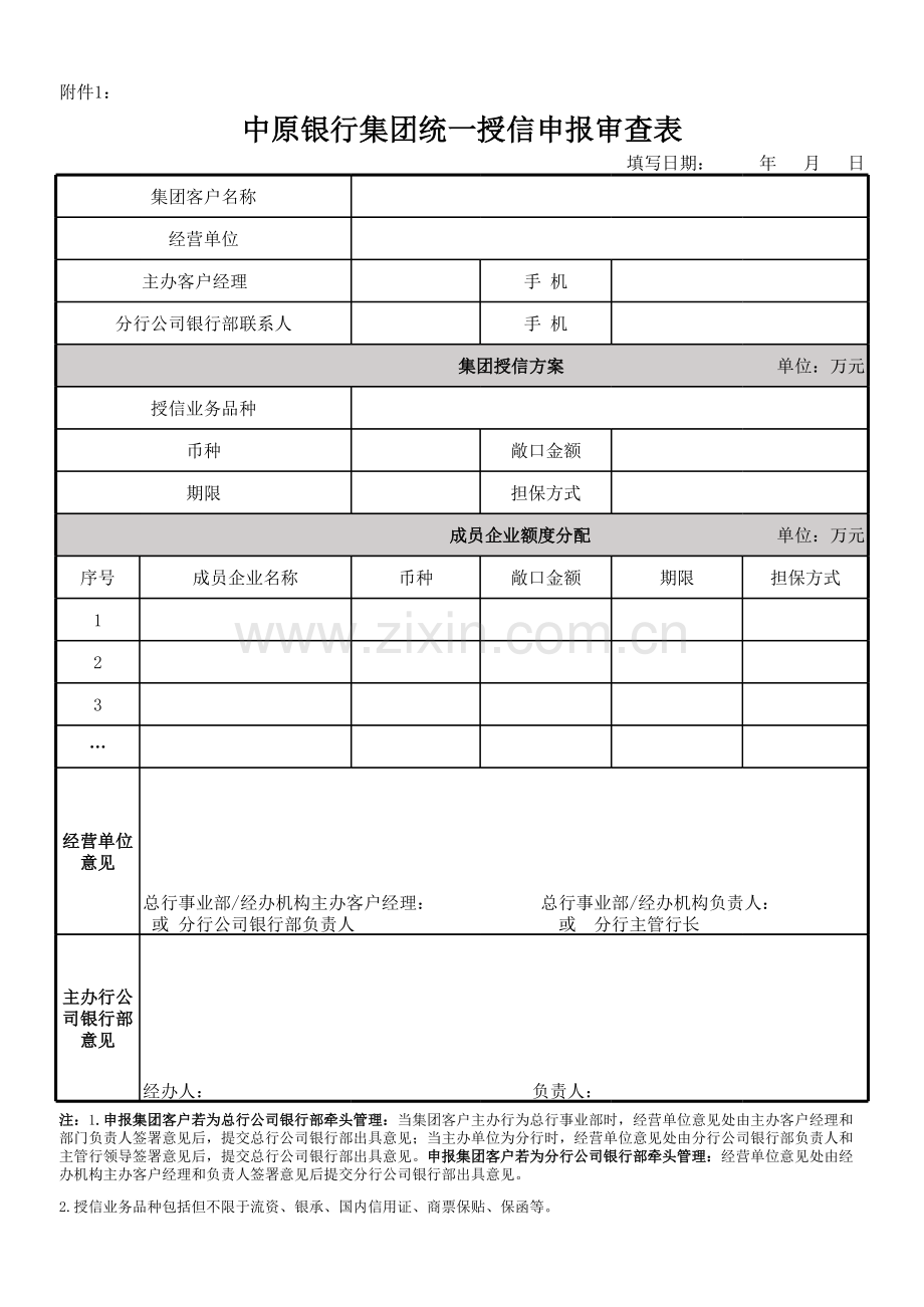 银行集团统一授信申报审查表模版.xls_第1页