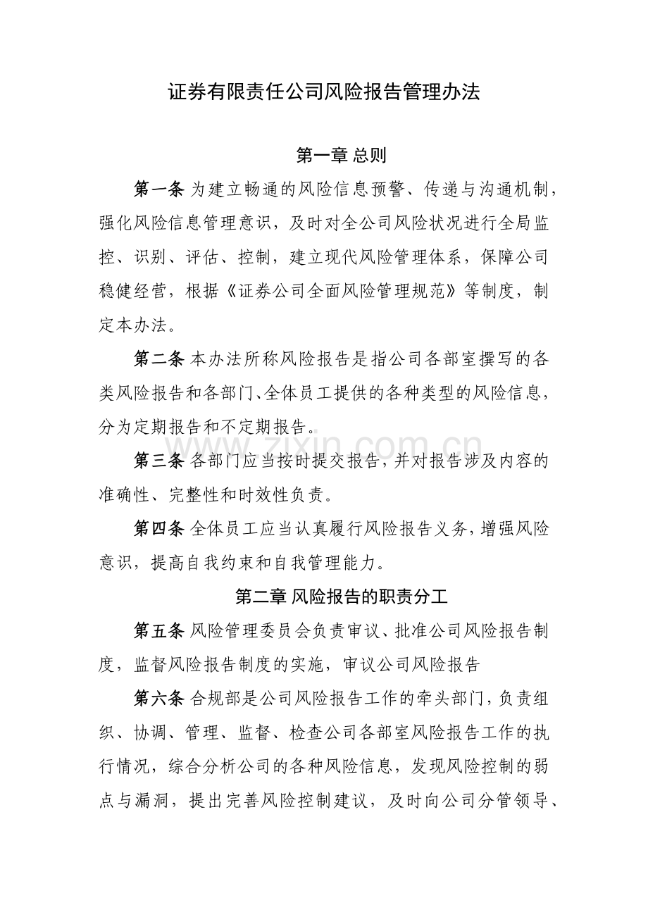 证券有限责任公司风险报告管理办法模版.docx_第1页