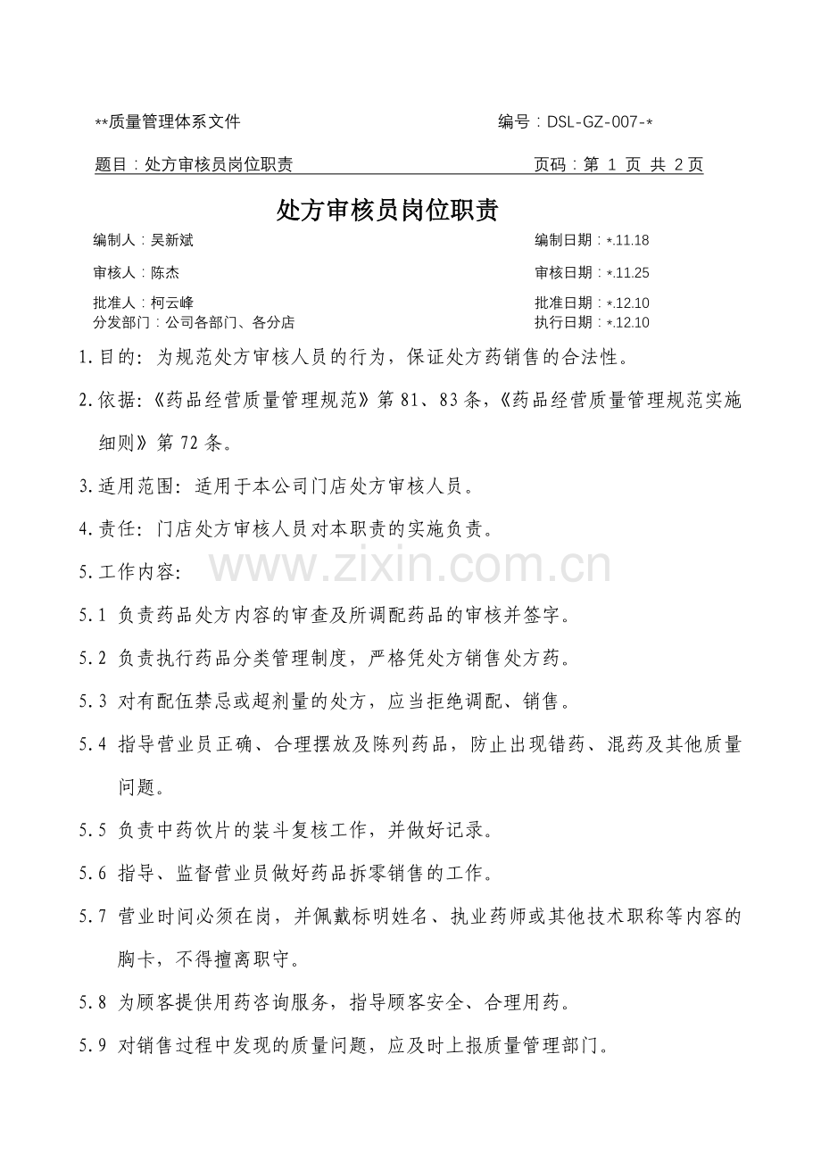 医药公司(连锁店)处方审核员岗位职责模版.doc_第1页