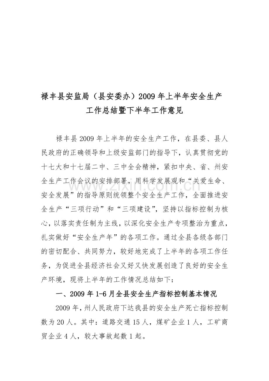 禄丰县安监局(县安委办)2009年上半年安全生产.doc_第1页