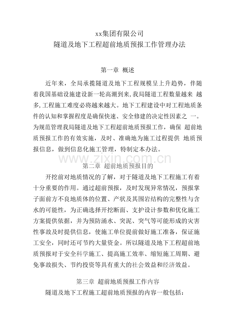 建设工程公司隧道及地下工程超前地质预报工作管理办法模版.docx_第1页