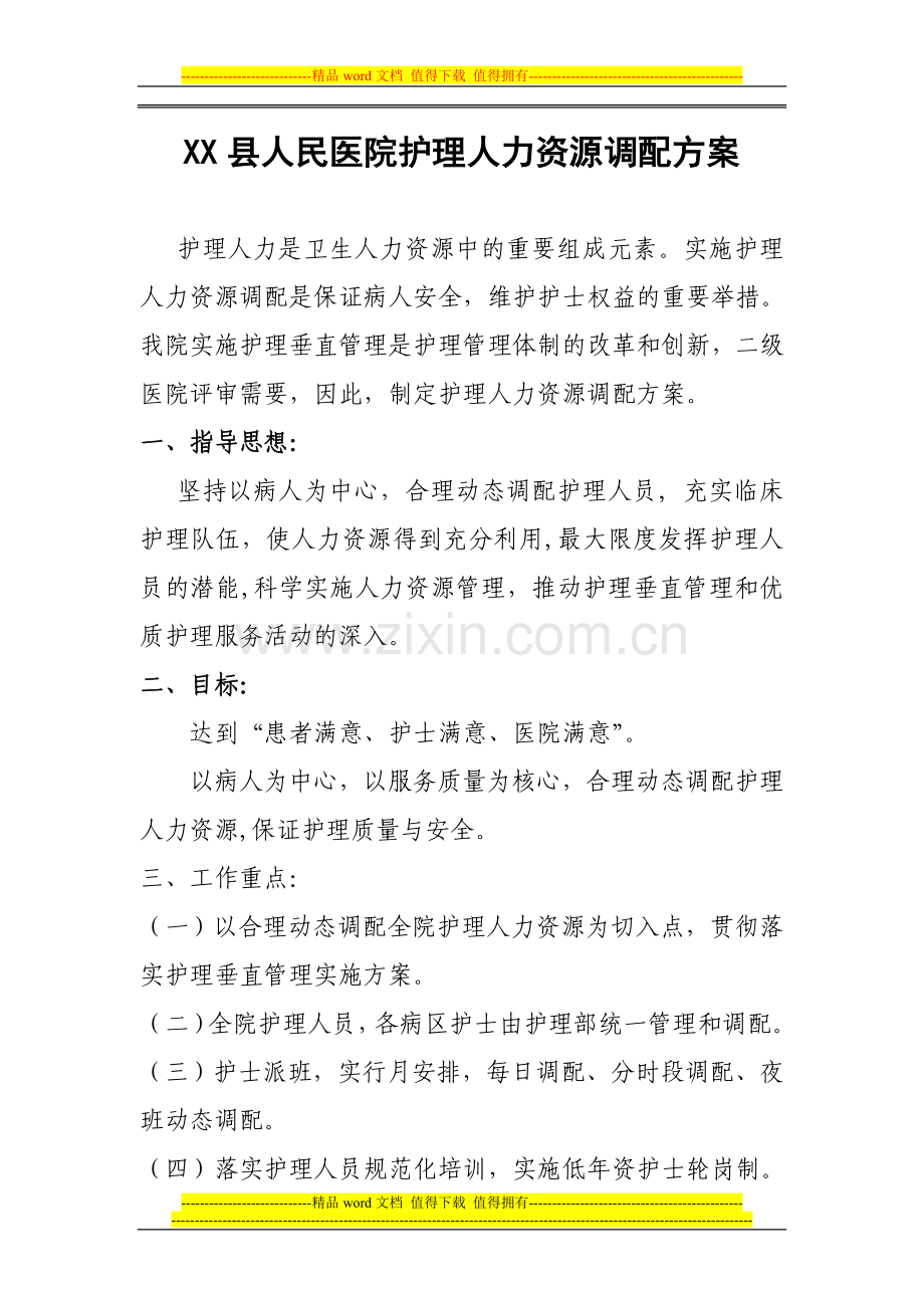 XX县人民医院护理人力资源调配方案.doc_第1页