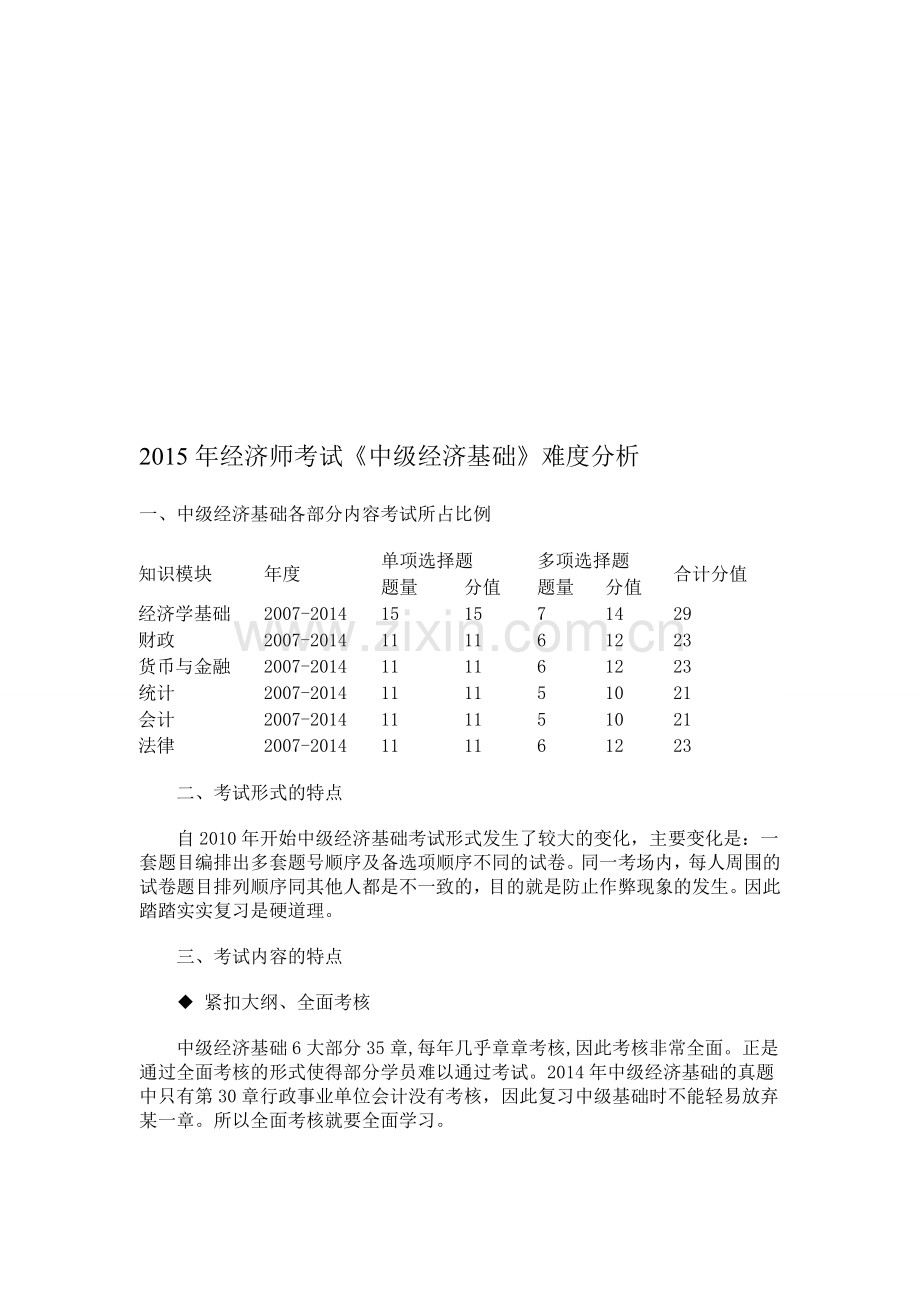 2015年经济师考试《中级经济基础》难度分析.doc_第1页