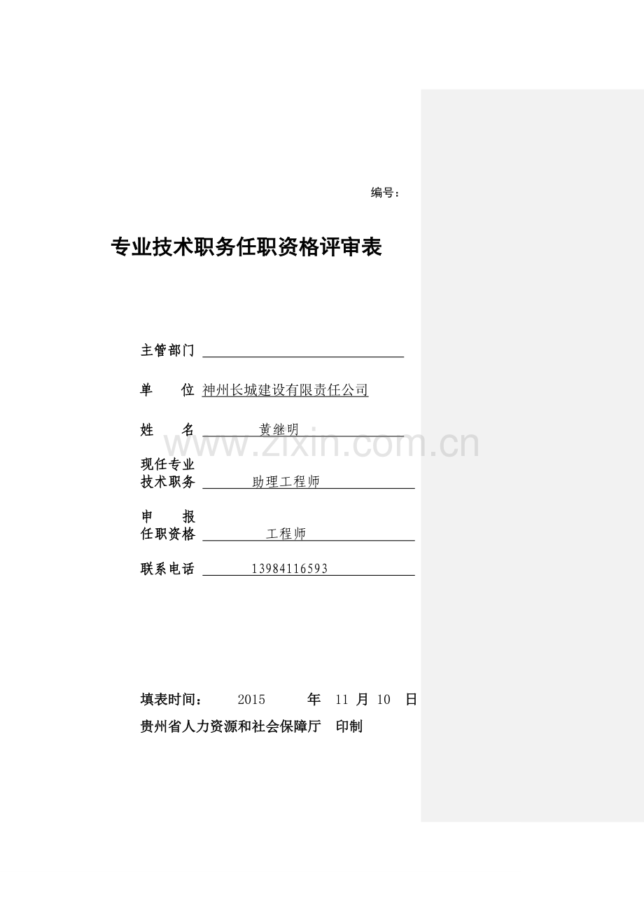 专业技术职务任职资格评审表(模板).doc_第1页