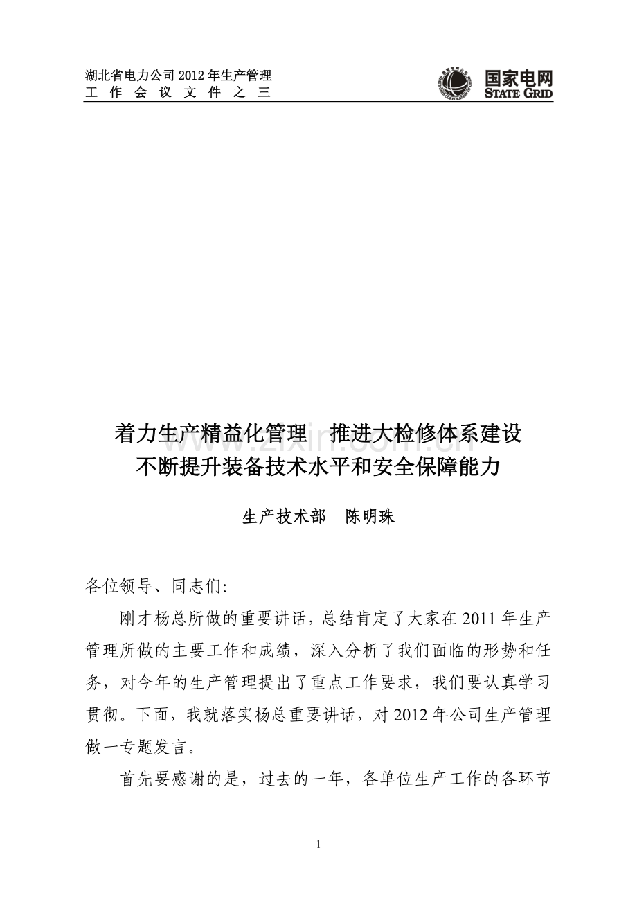 着力生产精益化管理、推进大检修体系建设、不断提升装备技术水平和安全保障能力(会议材料之二)排.doc_第1页