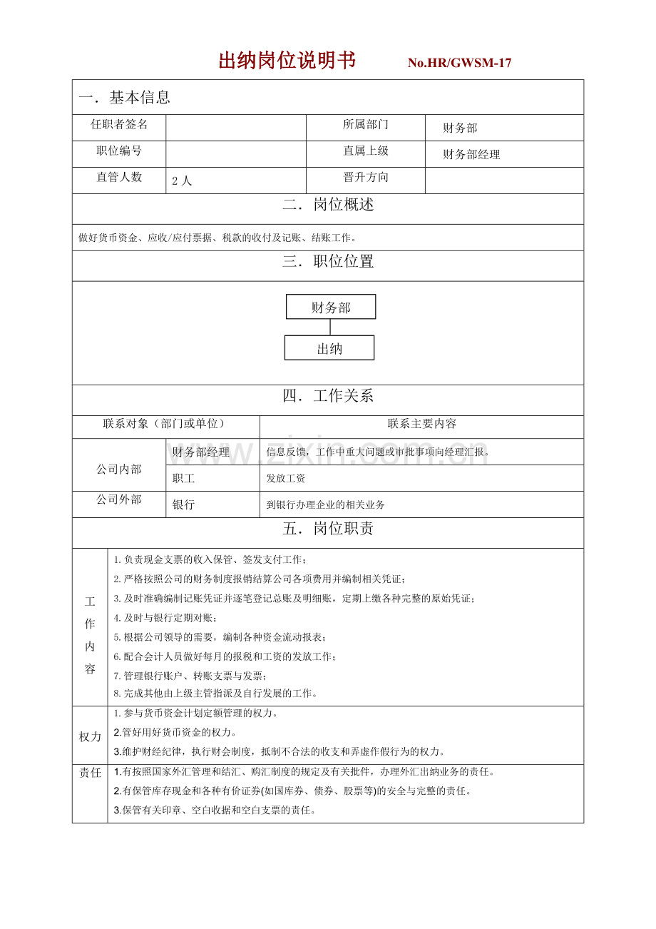 17出纳岗位职责范本.doc_第1页