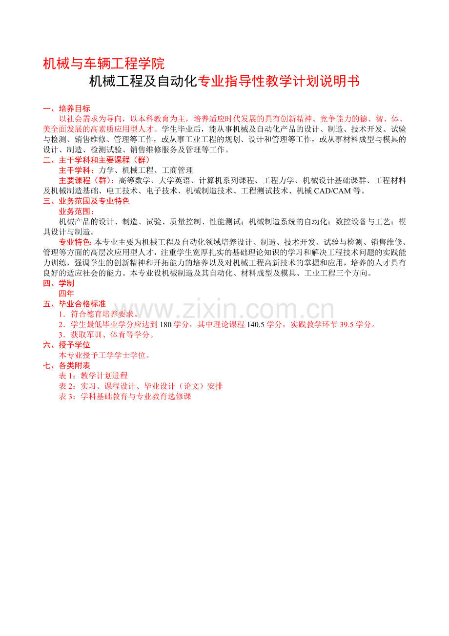 08机械工程及自动化专业指导性教学计划说明书.doc_第1页