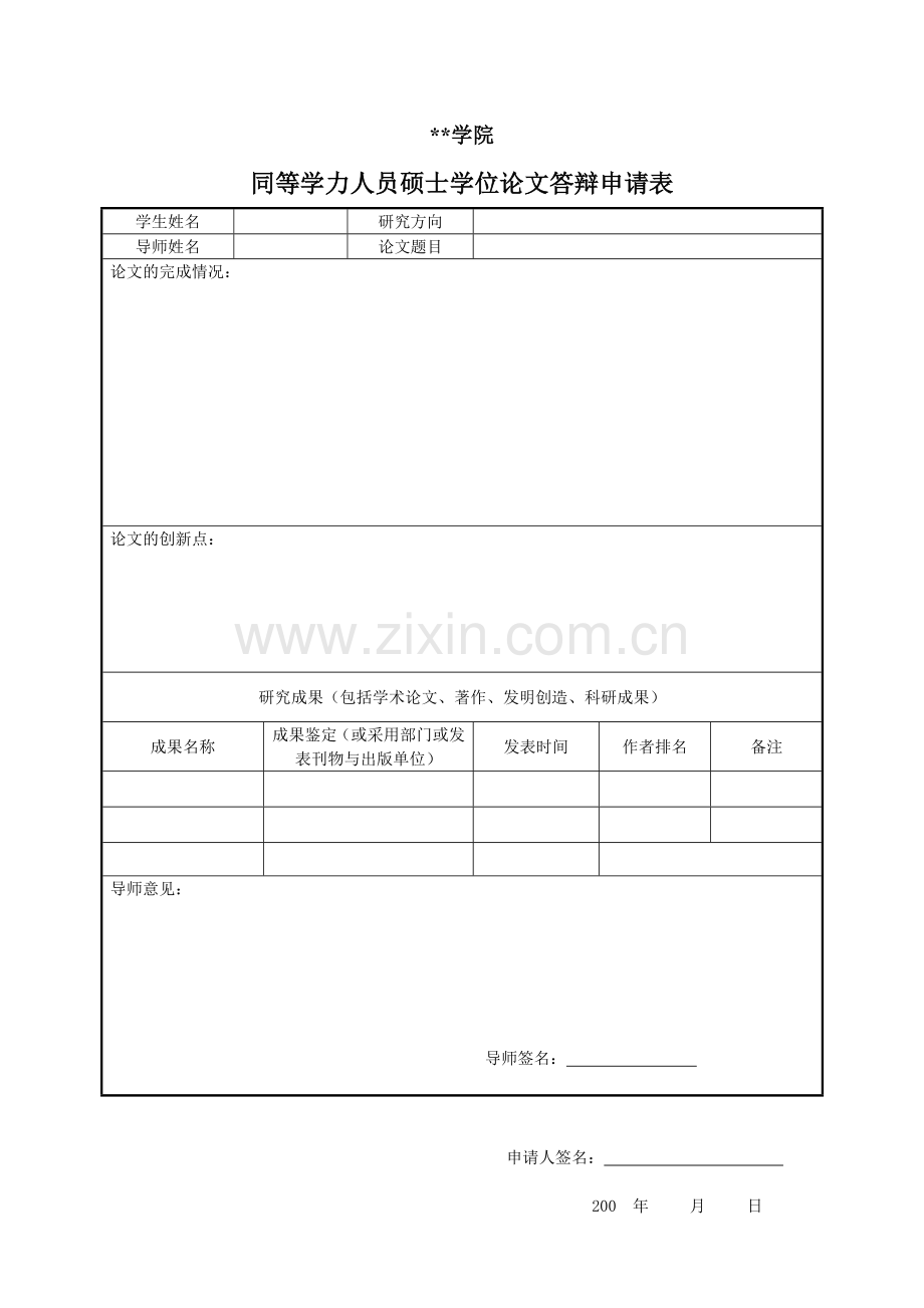 同等学力人员硕士学位论文答辩申请表.doc_第1页